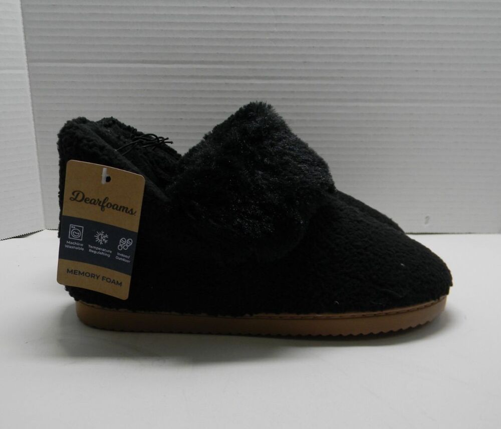 Dearfoams Black Slippers Machine Washable Indoor/Outdoor Sz Small 5-6 NWT